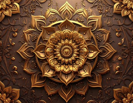Ornate gold mandala on a dark brown background