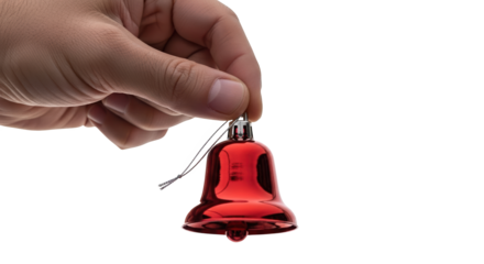 A hand holds a small, shiny red christmas bell ornament, isolated on transparent background