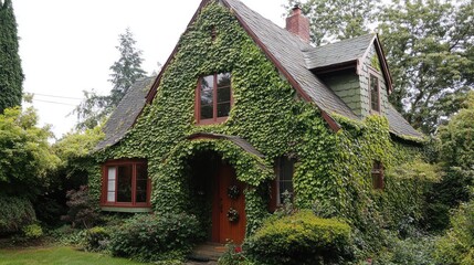 Fototapeta premium Ivy-Covered Cottage House in a Lush Garden