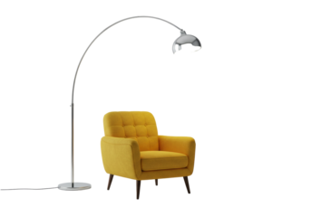 Isolated yellow upholstered arm chair next to an arched floor lamp, modern living room
