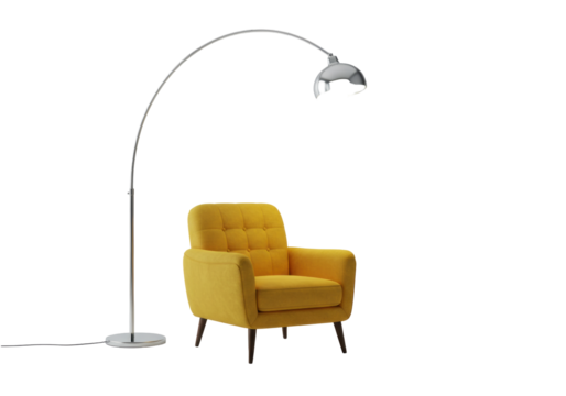 Isolated yellow upholstered arm chair next to an arched floor lamp, modern living room