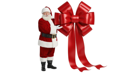 Santa claus holding a large red christmas bow isolated on transparent background