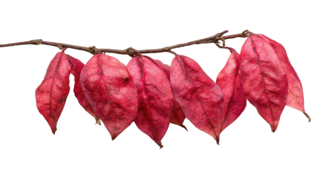 Dried red leaves clinging to a branch, showcasing autumn's vibrant hues and delicate textures. background removed