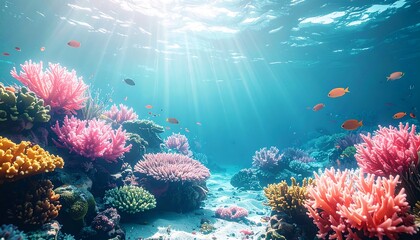 Vivid underwater scene showcasing a thriving coral reef ecosystem, illuminated by sunlight penetrating the ocean's surface. A variety of colorful corals and small fish are present