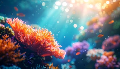 Vivid underwater scene showcasing vibrant corals, sunlight rays, and small, orange fish, creating a lively, aquatic environment