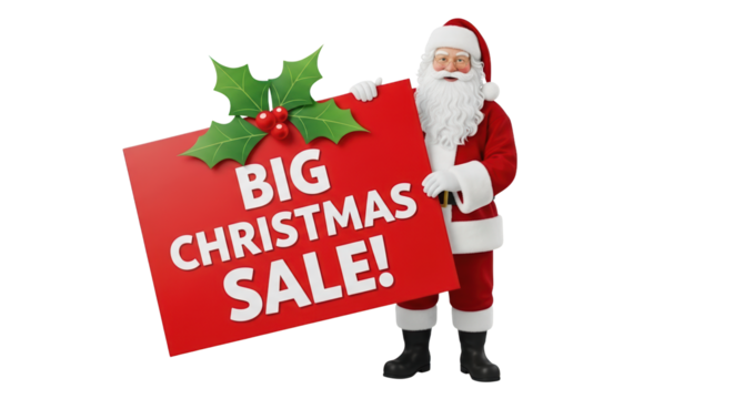 Santa claus holding a red sign that says big christmas sale, isolated on transparent background - Powered by Adobe
