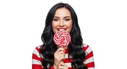 A happy woman with long dark hair eating a red and white lollipop, isolated on transparent background