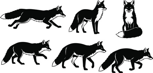 fox, animal, silhouette, sit, stand, walk, stalk, step, pose, icon, vector, illustration, black, white, nature, wildlife, anatomy, behavior, forest, design