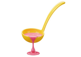 Isolated yellow kitchen ladle with pink cream, dessert ingredient, or beauty serum
