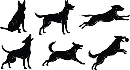 dog, canine, animal, silhouette, sit, stand, run, leap, jump, howl, bark, icon, vector, illustration, black, white, pet, anatomy, behavior, design