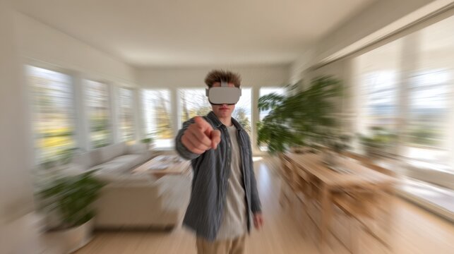 Person exploring a guided VR home tour experience pointing to virtual hotspots with a blurred hightech environment in the background.
