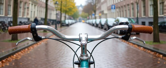 Bicycle handlebars perspective on a rainy street in a European city.