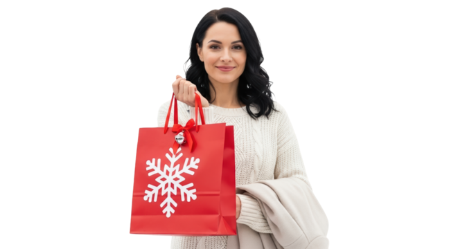 Woman holding a red shopping bag with a snowflake design, isolated on transparent background