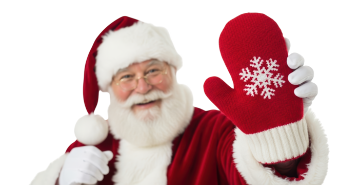 Santa claus wearing a red suit and hat, holding up a red mitten with a snowflake isolated on transparent background