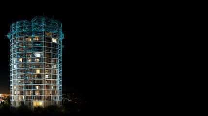 Illuminated cylindrical building at night with blue structural lighting