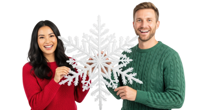 Happy couple holding a large snowflake decoration, isolated on transparent background - Powered by Adobe