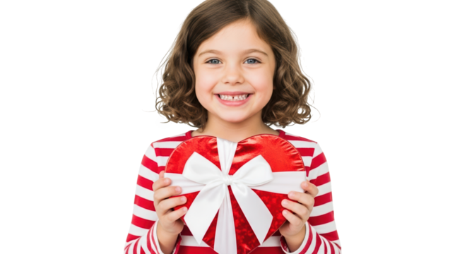 Young girl holding a heartshaped gift box, isolated on transparent background