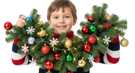 Happy boy holding two decorated christmas tree branches with ornaments and lights, isolated on transparent background