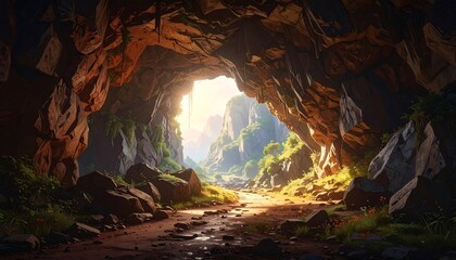 Sunlit Cave Entrance to a Lush Valley