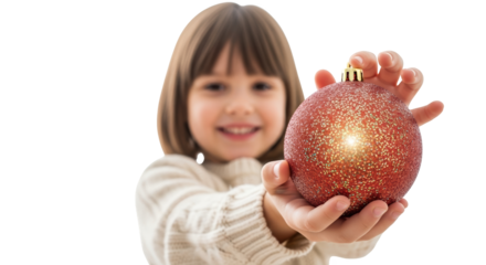 A happy young girl with brown hair holds a large, sparkling red christmas ornament towards the camera, isolated on transparent background