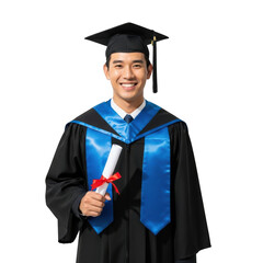Young asian man celebrates graduation holding diploma wearing cap and gown with blue sash
