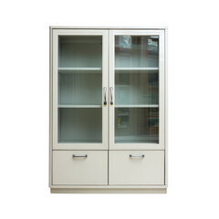 Obraz premium Off-white metal cabinet with glass doors, two drawers, and adjustable shelves. background removed