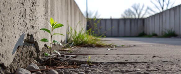 A resilient plant sprouts from a crack in the concrete, symbolizing growth and perseverance.