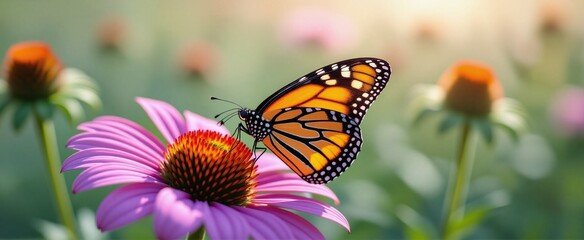 Obraz premium Monarch butterfly perched on a vibrant purple coneflower in a sunny garden