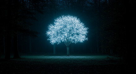 Tree decorated with blue fairy lights glowing in the dark of the night