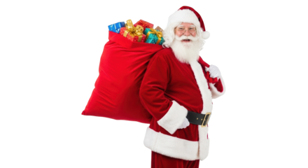 Santa claus carrying a large red sack full of christmas gifts over his shoulder, isolated on transparent background