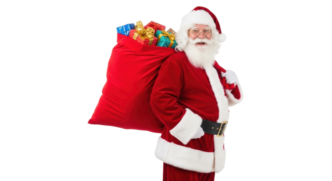 Santa claus carrying a large red sack full of christmas gifts over his shoulder, isolated on transparent background