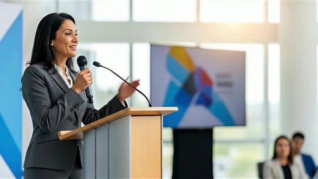 Confident businesswoman giving presentation at a conference