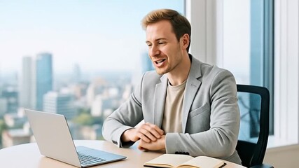 Engaged Professional Man Conducting Virtual Business Meeting on Laptop from Modern High-Rise Office with Vibrant City View
