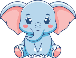 Naklejka premium Adorable baby elephant cartoon sitting with big pink ears and trunk, cute blue animal character illustration for children, jungle safari wildlife design, zoo mascot, nursery decoration, kids projects 