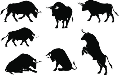 bull, animal, silhouette, icon, vector, illustration, black, white, horns, walking, standing, sitting, lying, charging, rearing, pose, anatomy, behavior, power, strength, design