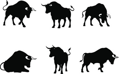bull, animal, silhouette, icon, vector, illustration, black, white, horns, standing, walking, sitting, aggressive, pose, anatomy, behavior, power, strength, rural, design