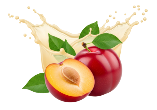 Plump, juicy plums are drenched in a creamy, splashing liquid, highlighted by vibrant colors and fresh green leaves against a striking black background.