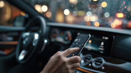 Interior shot focusing on a drivers hand connecting smartphone via wireless interface with dashboard and outside view blurred illustrating seamless telematics integration.