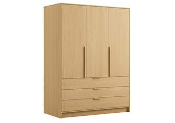 Isolated three-door wooden wardrobe with drawers for bedroom or living room storage furniture