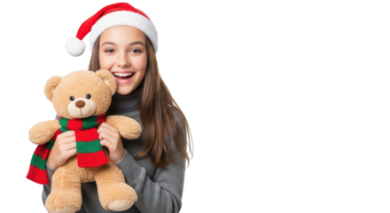 Young girl wearing a santa hat and a sweater holding a teddy bear isolated on transparent background