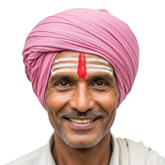 Indian man wearing pink turban with religious mark smiles genuinely for portrait