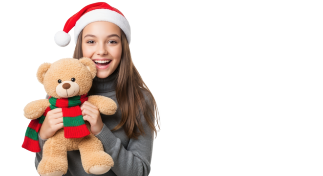 Young girl wearing a santa hat and a sweater holding a teddy bear isolated on transparent background