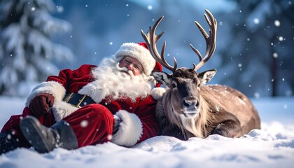Santa and reindeer in snowy forest