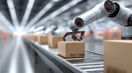 Medium shot capturing a robotic arm packaging products into boxes focused arm movements contrasted by a softly blurred warehouse environment.