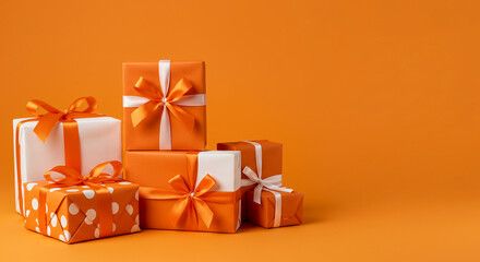 Pile of orange and white gift boxes with ribbons on orange background