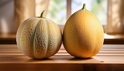 Two Charentais Melon On A Pine Wood Table Board