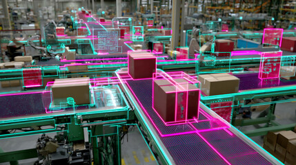 Automated warehouse with conveyor belts and digital overlays tracking packages in real-time