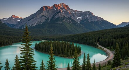 Mountain lake with island surrounded by forest and mountain range backdrop.