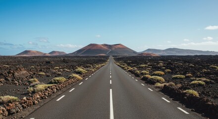 Long straight road leads towards a mountain under a clear blue sky.