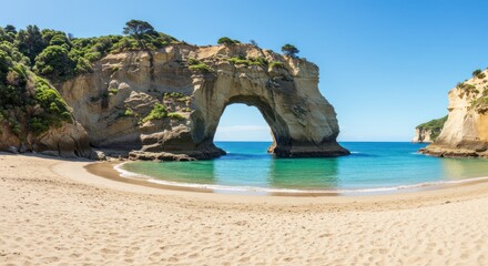 Beach with a natural rock archway over turquoise water under a clear sky.